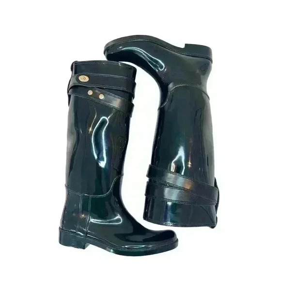 Coach Women's Glossy Black Knee High Rain Boots Waterproof Casual size 9. - Picture 1 of 6